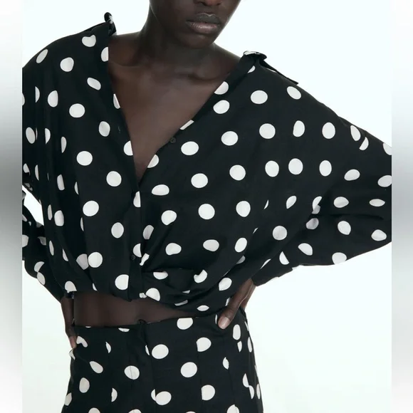 Zara NWT linen black & white polka dot knot front button front long sleeve shirt - Picture 3 of 10
